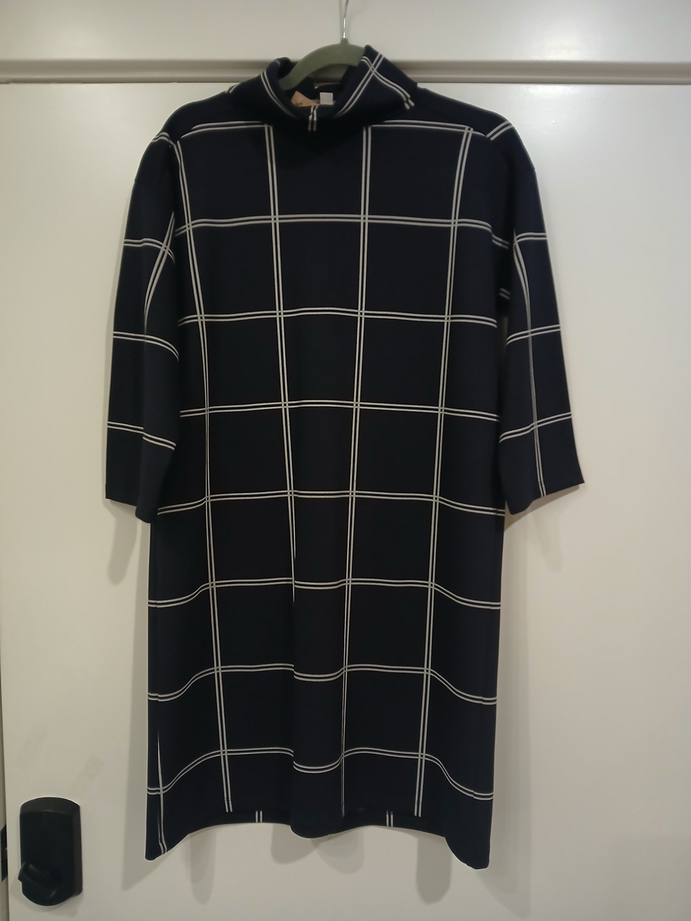 LOFT Navy Blue Windowpane Mock-Neck Midi Dress
